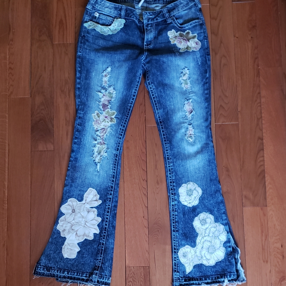 Women's Upcycled Floral Patchwork Jeans, Upcycled Bootcut Jeans